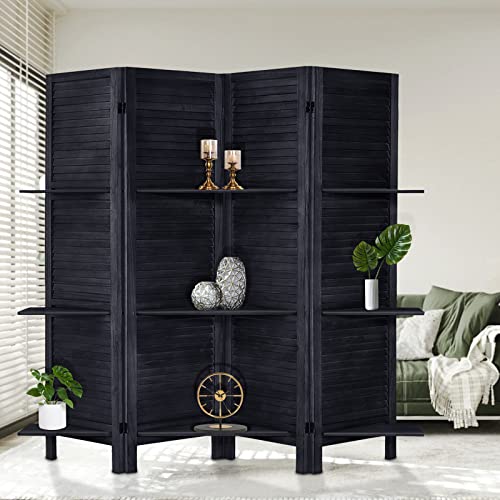 Room Divider with Shelves, Privacy Screen, Room Dividers and Folding Privacy Screens, 5 Panel Wood Temporary Wall Partition Separation Separator, Coconut