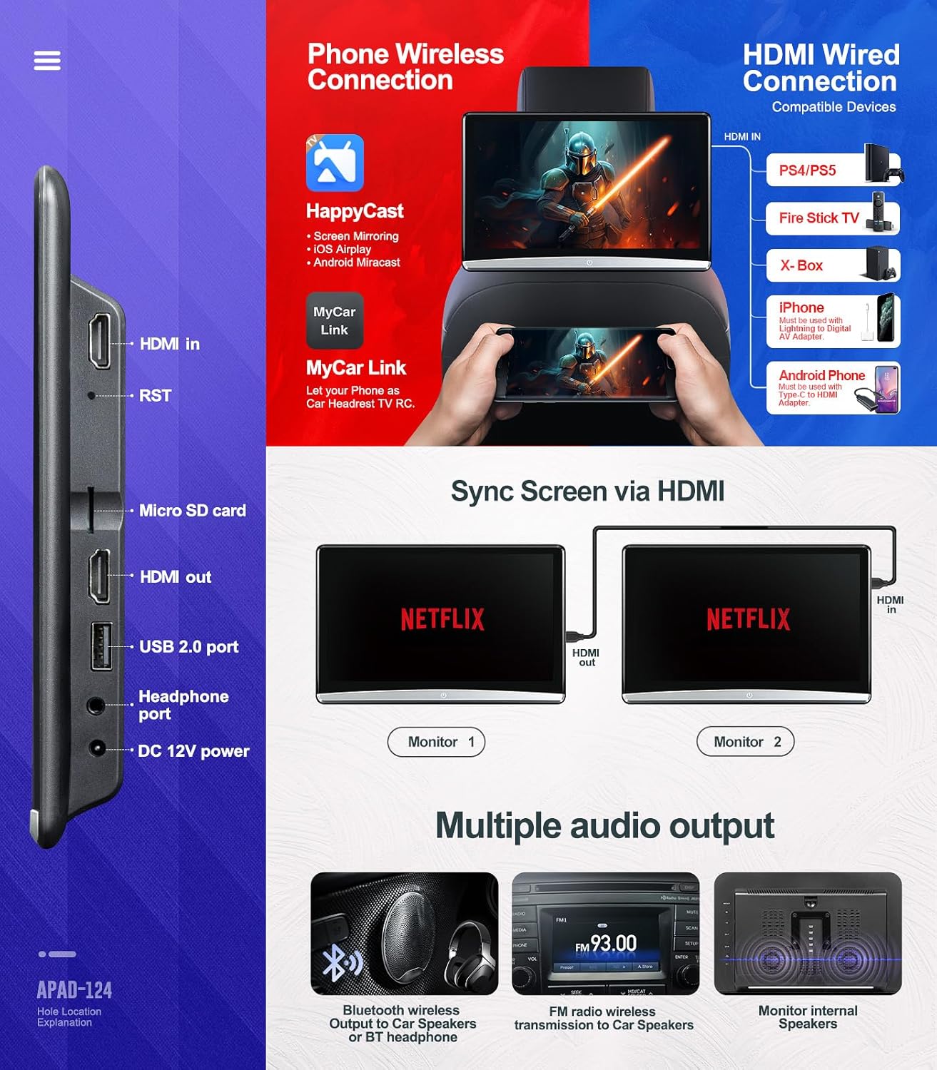 12.4"Android 4K Portable TV for Cars，Car Headrest Monitor Tablet for back seat, Support Phone Wireless Mirror Link Touch Screen,with WiFi/Bluetooth/HDMI/USB/Airplay Video Player 2G ram+16G rom (2*pcs)