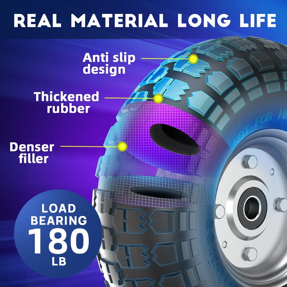 Winisok 4.10/3.50-4 Tire Wheels Flat Free, 10" Heavy Duty Solid Replacement Tire with 5/8&rsquo;&rsquo; Bearings for Wagon/Gorilla Carts/Wheelbarrow/Hand Truck/Generators (4 Pack)