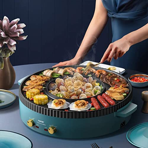 Indoor Korean Barbecue Grill Electric BBQ Grill and hot Pot Tabletop Grill and Fondue Indoor Smokeless Integrated Cooker Pot Kitchen Home Fast Bbq Green