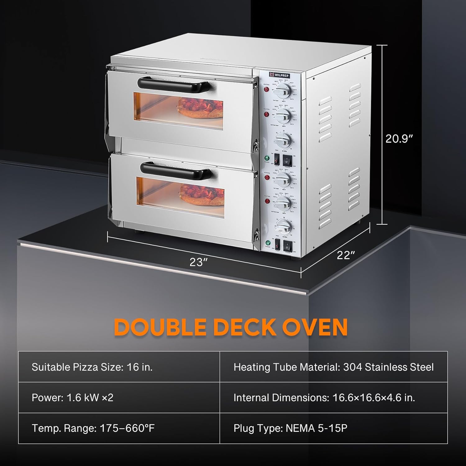 Countertop Pizza Oven for 16" Pizza, Single Deck Commercial Pizza Oven with Pizza Stone, 1.6kW Electric Pizza Oven with Adjustable Temp. Timer for Restaurant (16'' Double Deck Layer)