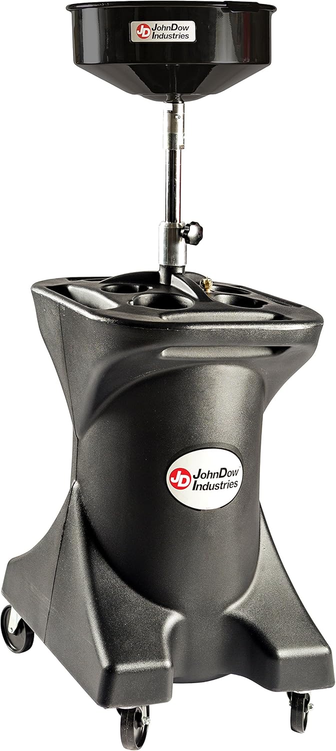 JohnDow Industries JDI-27DC 27 Self-Evacuating Portable Oil Drain, 16 inch Diameter Centered Funnel, Adjustable Funnel Height of 45 in. to 70 in. with Molded in Tool Tray for Oil Filters and Tools