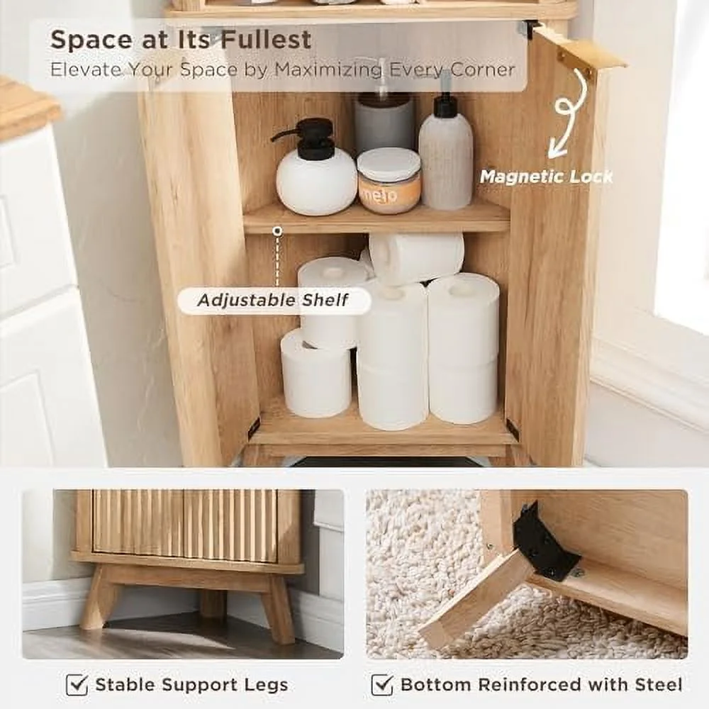 SQFHV Fluted Corner Cabinet  68" Tall Modern  Cabinet with Faux Marble Top and Adjustable Shelves  Curved Profile Bookshelf for Bathroom  Kitchen  Living Room  Dining Room  Natural Oa - Curated Treasures Market