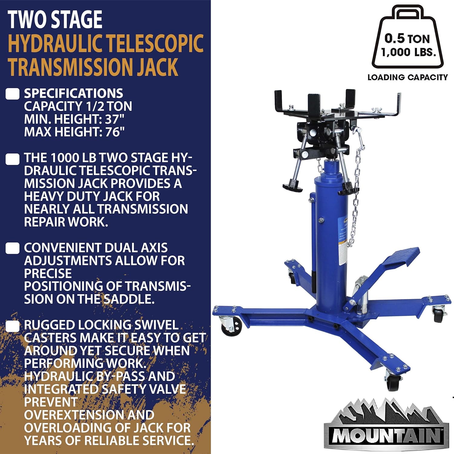 Mountain 1,000 Lb. Two Stage Hydraulic Telescopic Transmission Jack; Easy to Use Foot Pump, Heavy Duty Steel, Dual Axis Pivoting Saddle; MTN60504