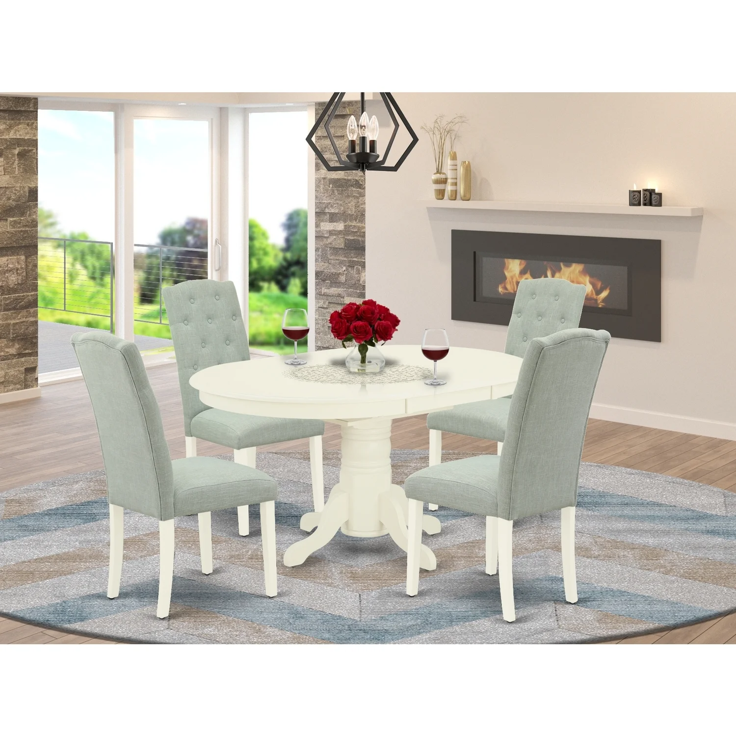 HomeStock Bohemian Bliss 5Pc Dining Set Includes An Oval Dinette Table With Butterfly Leaf And Four Parson Chairs With Baby Blue Fabric, Linen White Finish