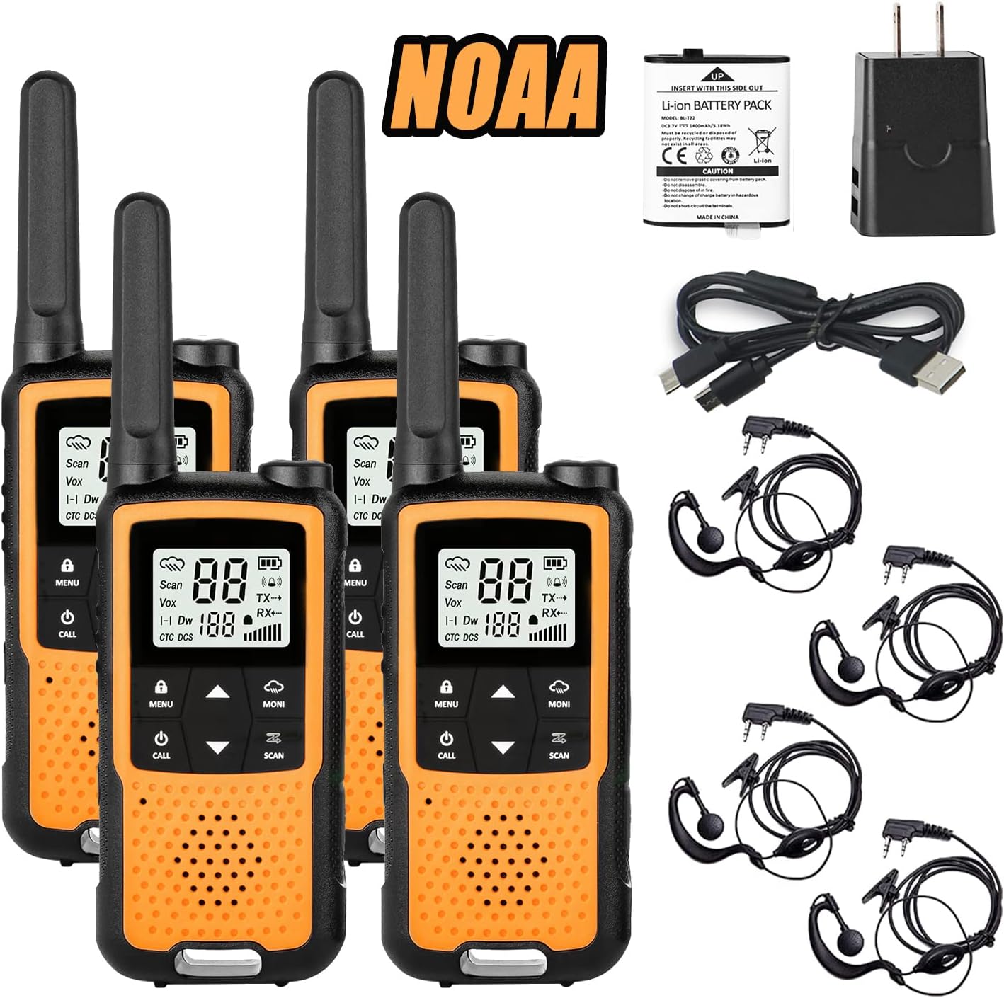 Walkie Talkies Rechargeable, NOAA Walkie Talkies Long Range for Adults, 22 Channels FRS Radio, Handheld 2 Way Radio, VOX Walkie Talkie with Earpiece and Mic, Walky Talky, USB Charging(Orange 4 Pack) Pack of 2