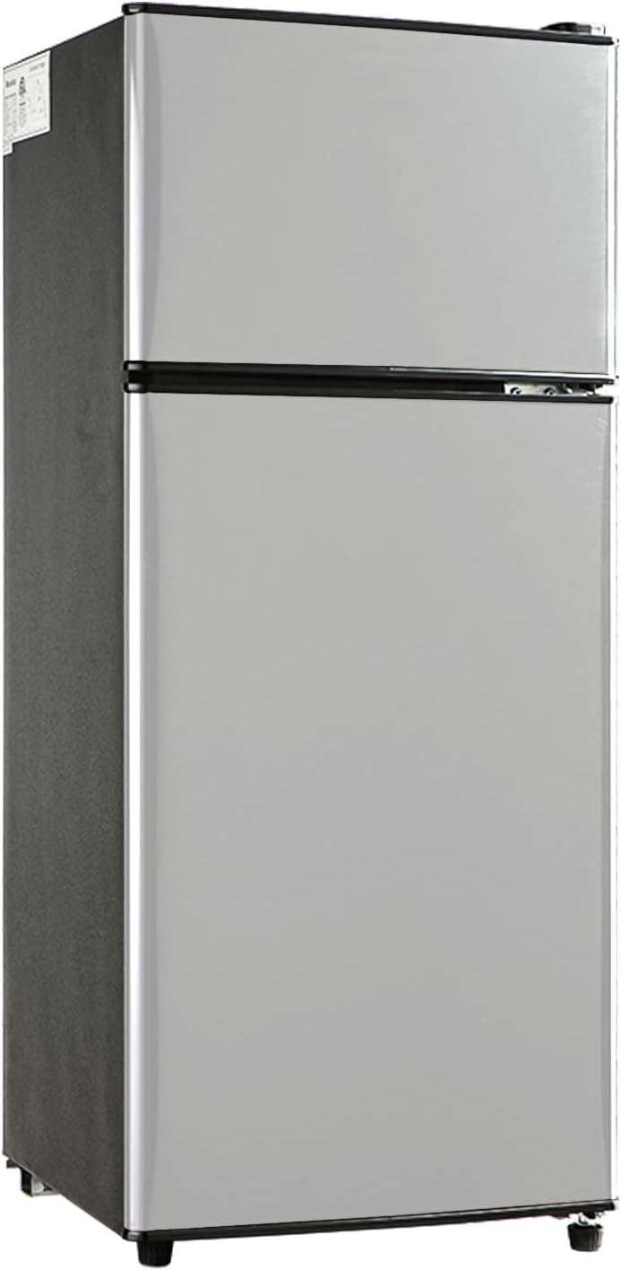 3.5 Cu.Ft Mini Fridge with Freezer, Double Door, Small Refrigerator,7-Level Adjustable Thermostat, Quiet Mini Fridge for Bedroom, Dorm, Office, Apartment Silver