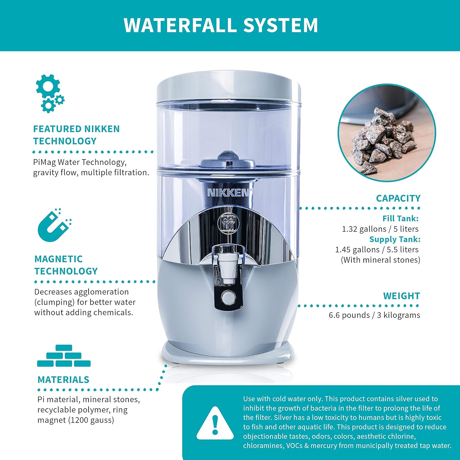 Nikken PiMag Waterfall® System 13681 Water Filter Purifier System - Advanced Water Technology - Provides Alkaline Water - Removes Impurities and Contaminants - for Countertop