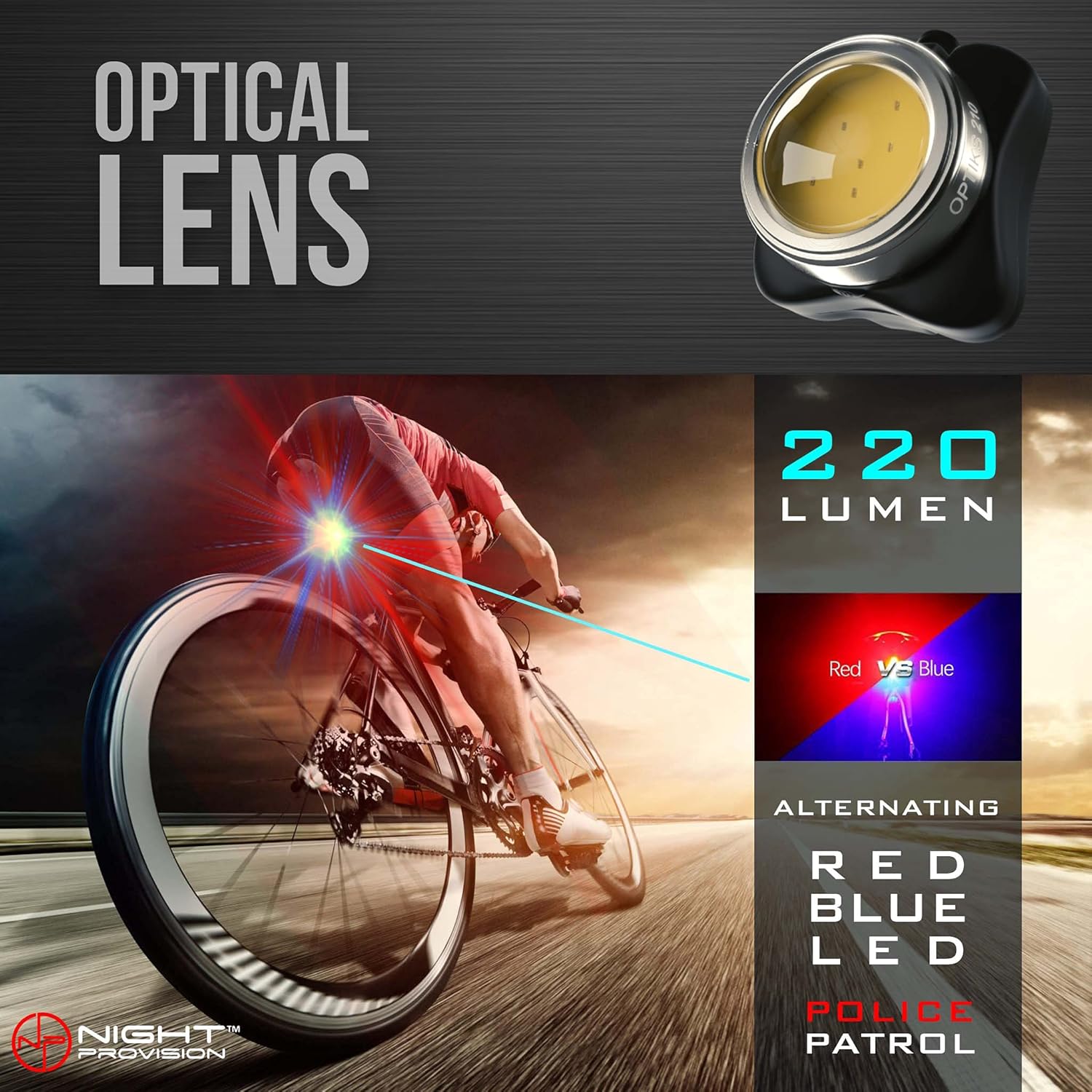 NP NIGHT PROVISION PS1200 Front & OPTIKS 210 Rear Police Patrol Bike Light - Red/Blue Strobe LED - Rechargeable - Water Proof - 5 Modes
