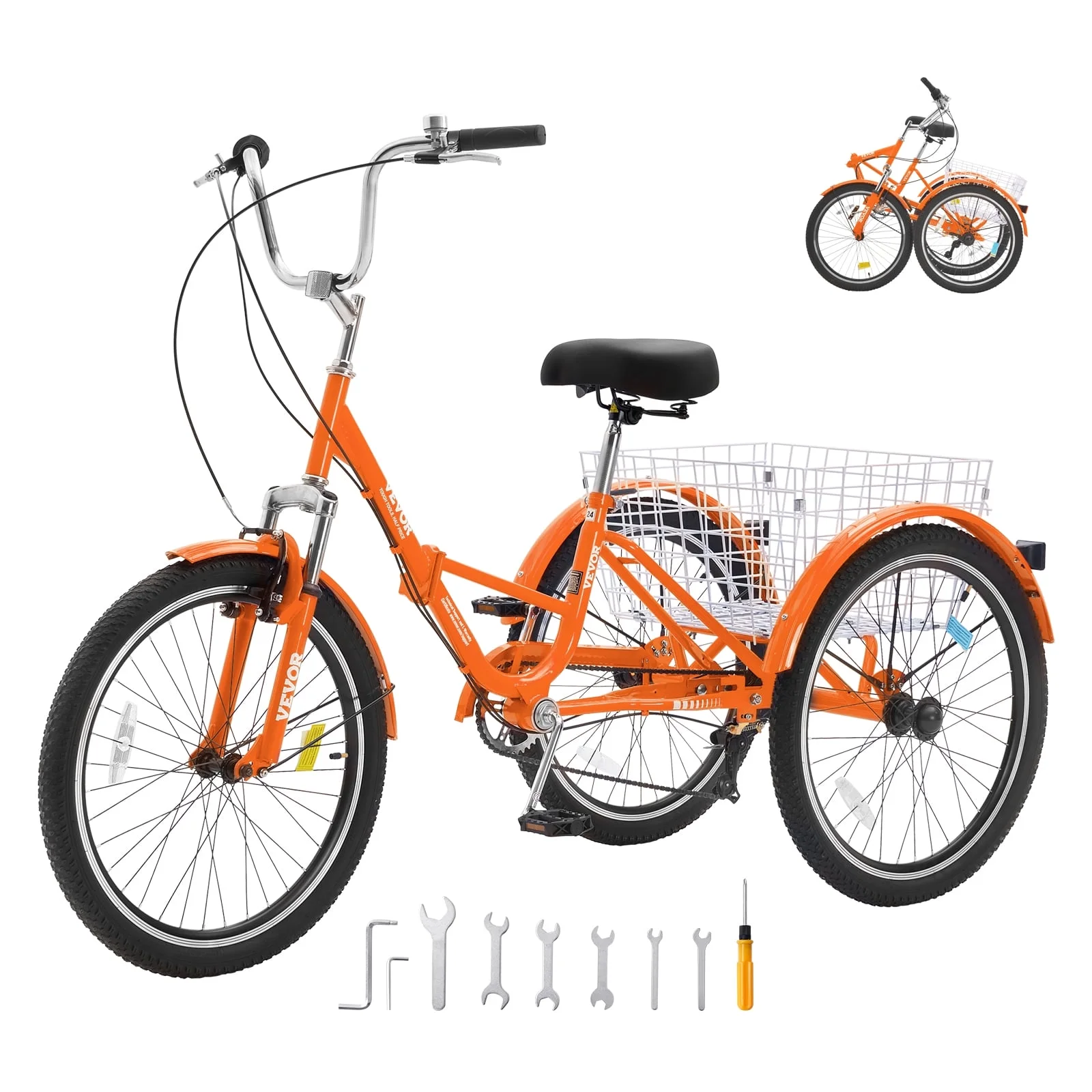 SKYSHALO Folding Adult Tricycle 24" 7-Speed Adult 3 Wheel Trike Carbon Steel Orange - Curated Treasures Market