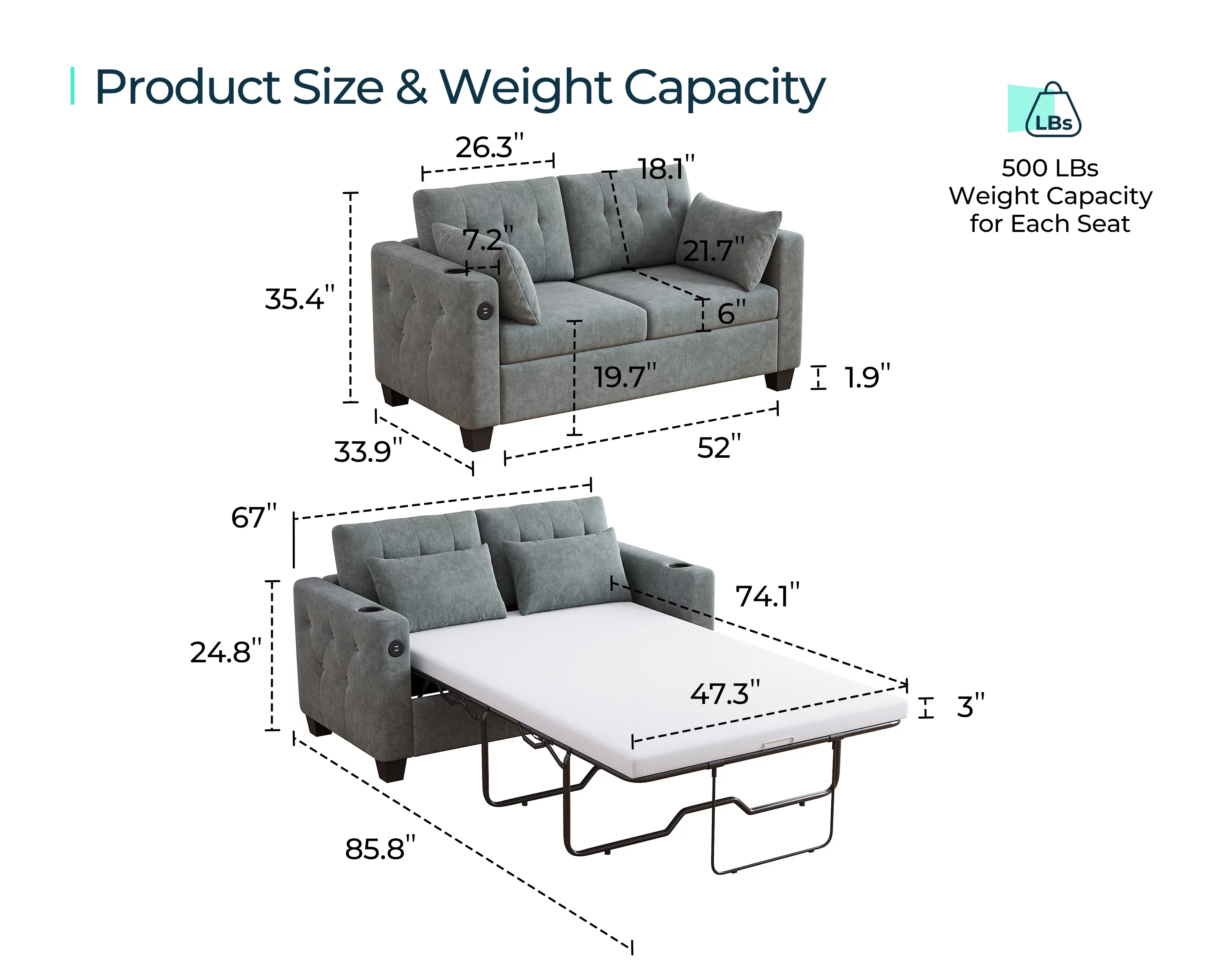 LINSY HOME Full Pull Out Sofa Bed, 2-in-1 Convertible Sleeper Couch with Memory Foam Mattress, Two Seat Loveseat Sleeper Sofa Bed for Living Room, Dark Grey