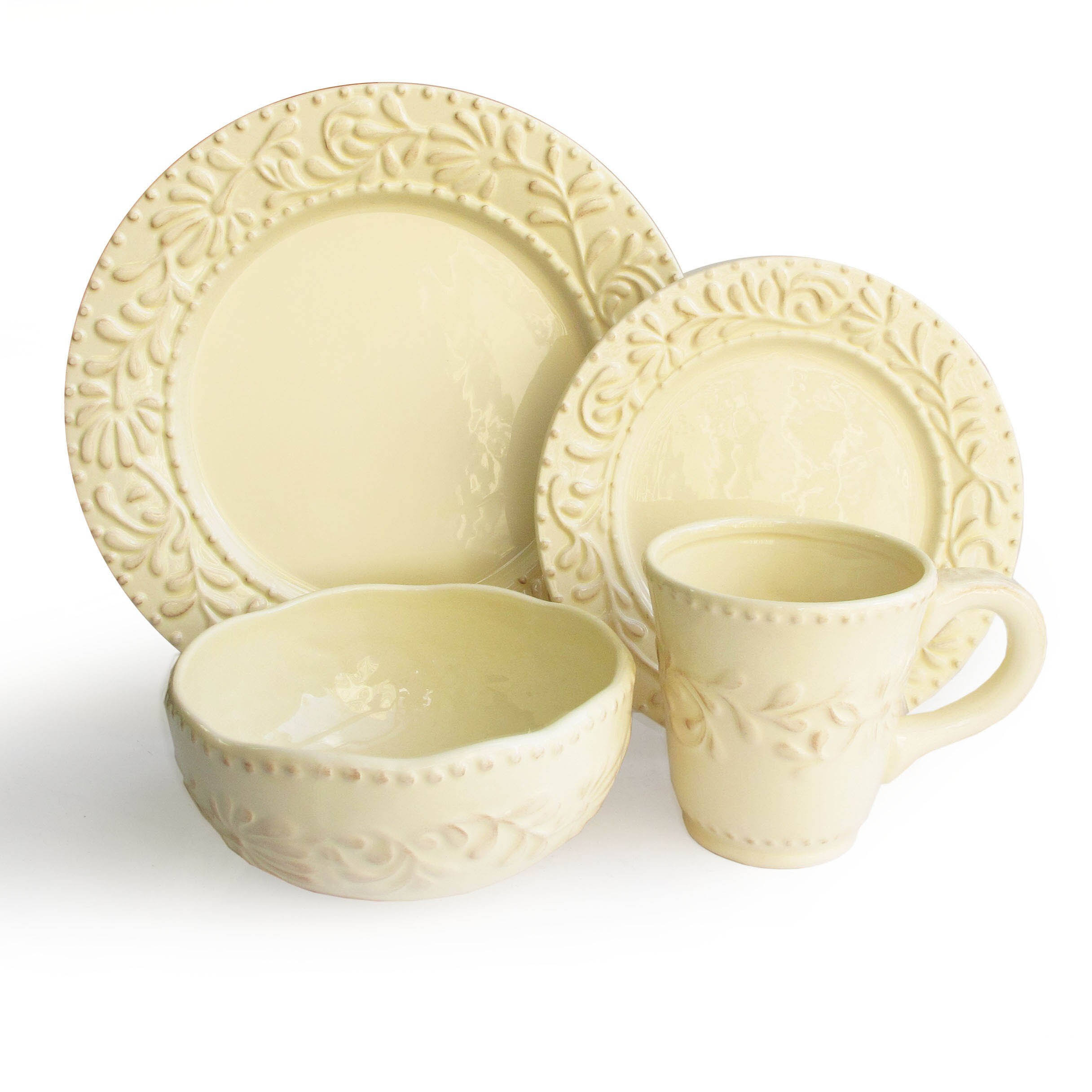 American Atelier 16 Piece Bianca Leaf Round Dinnerware Set, White