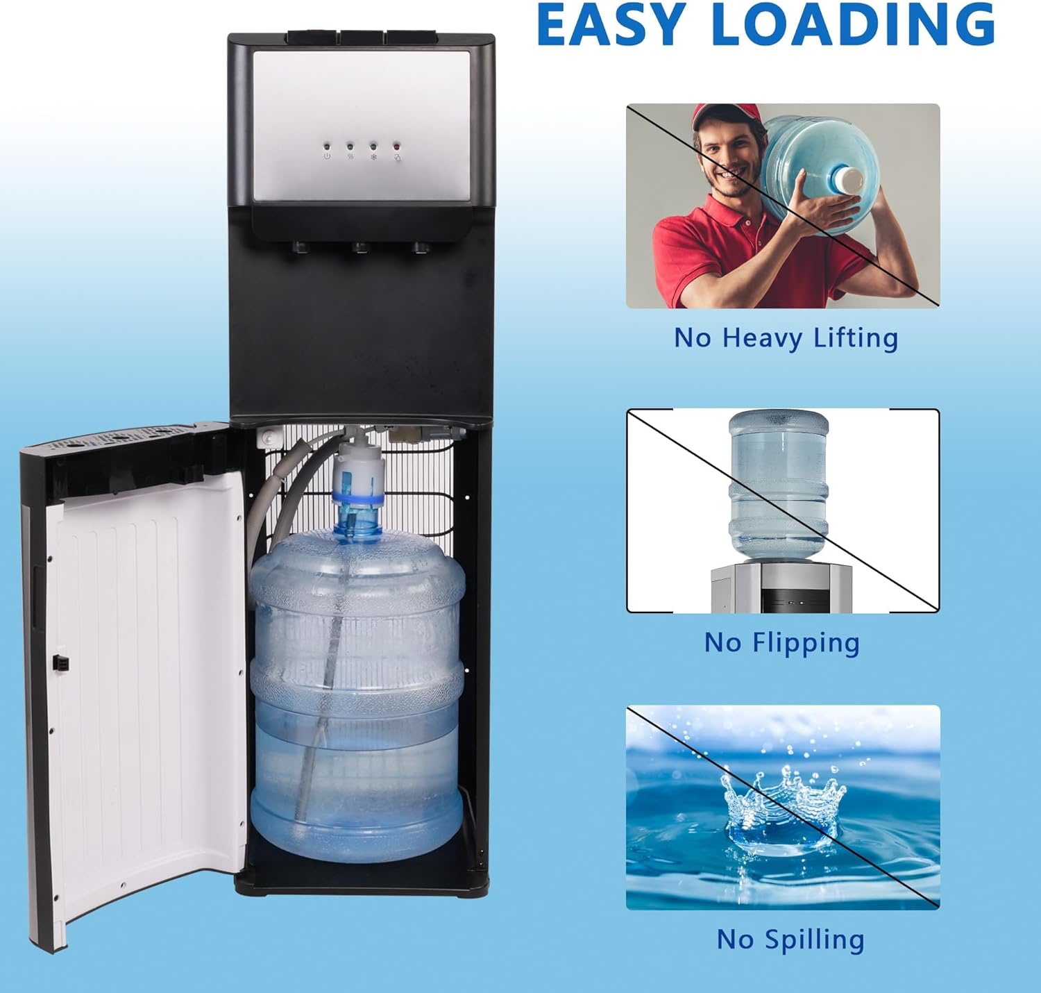 Bottom Loading Water Cooler Dispenser, 5 Gallon Bottles - Hot, Cold & Room Water Dispenser with 3-Temperature, Child Safety Lock, Removable Drip Tray, Black & Stainless
