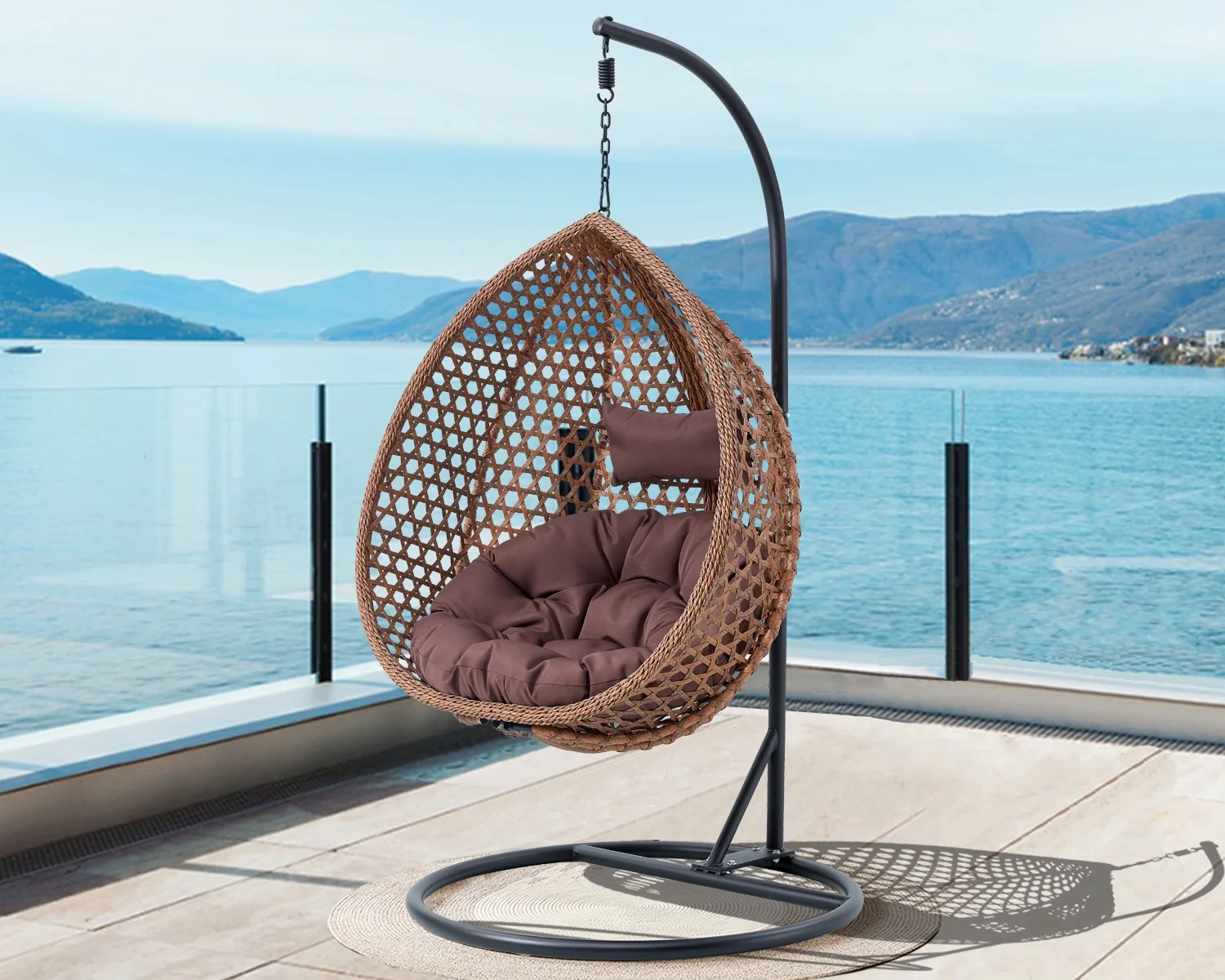 Sudica Egg Swing Chair with Stand Patio Soft Cushion Rattan Wicker Hanging Egg Chair for Bedroom, Garden 350lbs Capacity, Brown