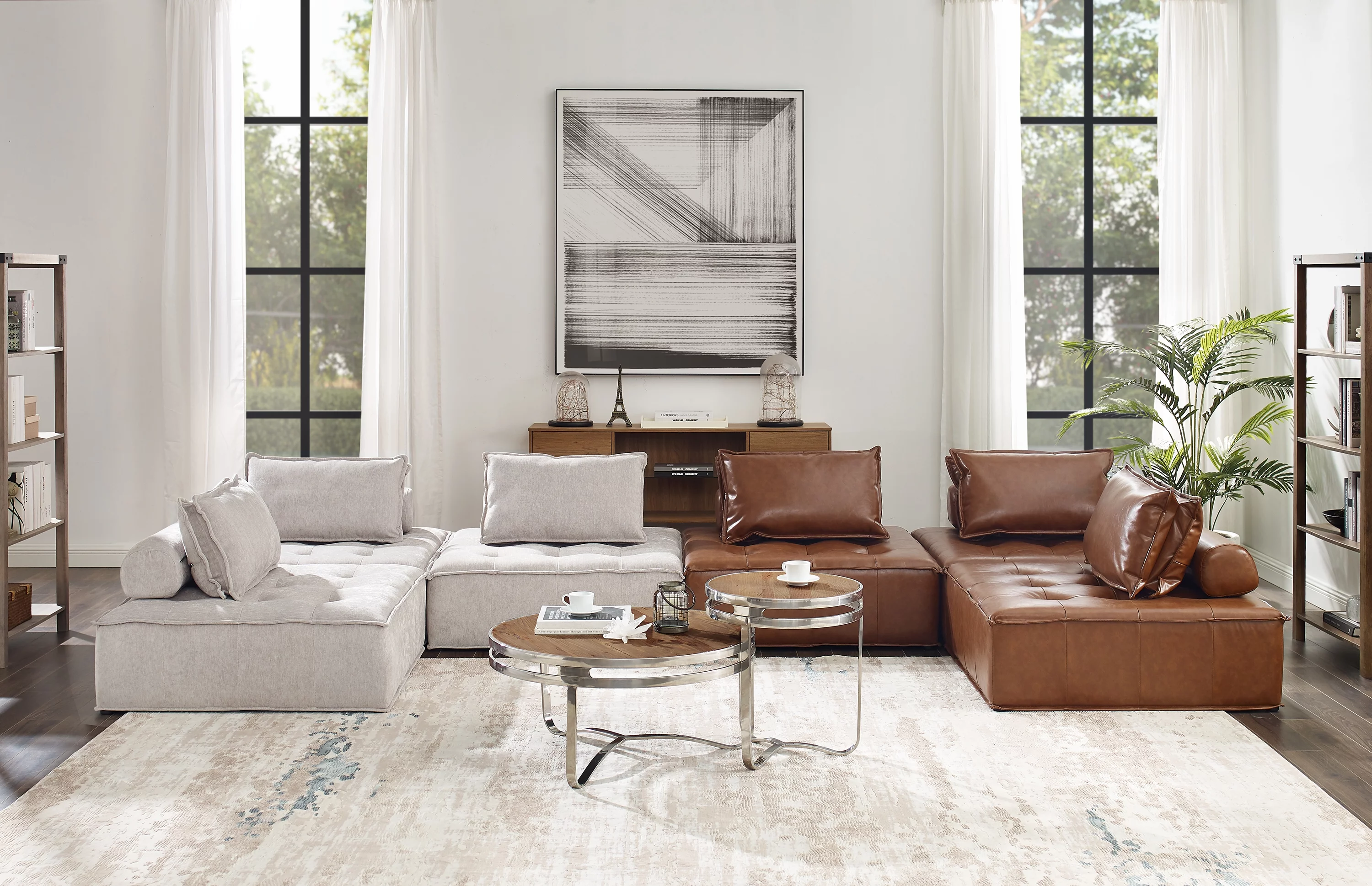 Art Leon Sectional Sofa Fabric Upholstered Button Tufted Beige
