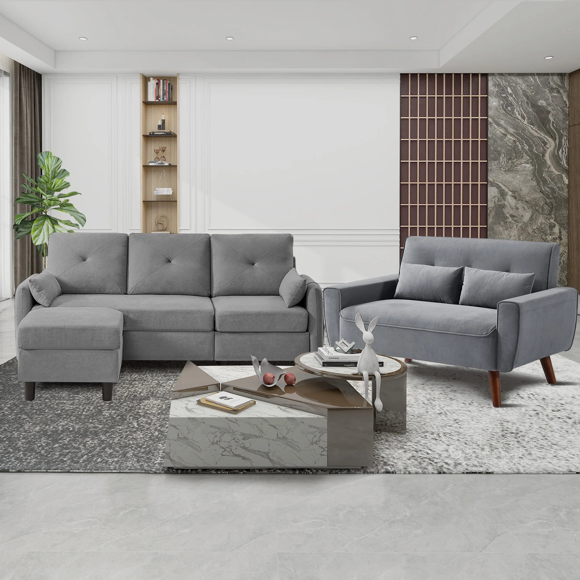 79" Convertible Sectional Sofa Set, Small L Shaped 3-Seat Couch with Reversible Chaise and Accent Chair, Modern Linen Sofas Couches for Living Room, LightGrey - Curated Treasures Market
