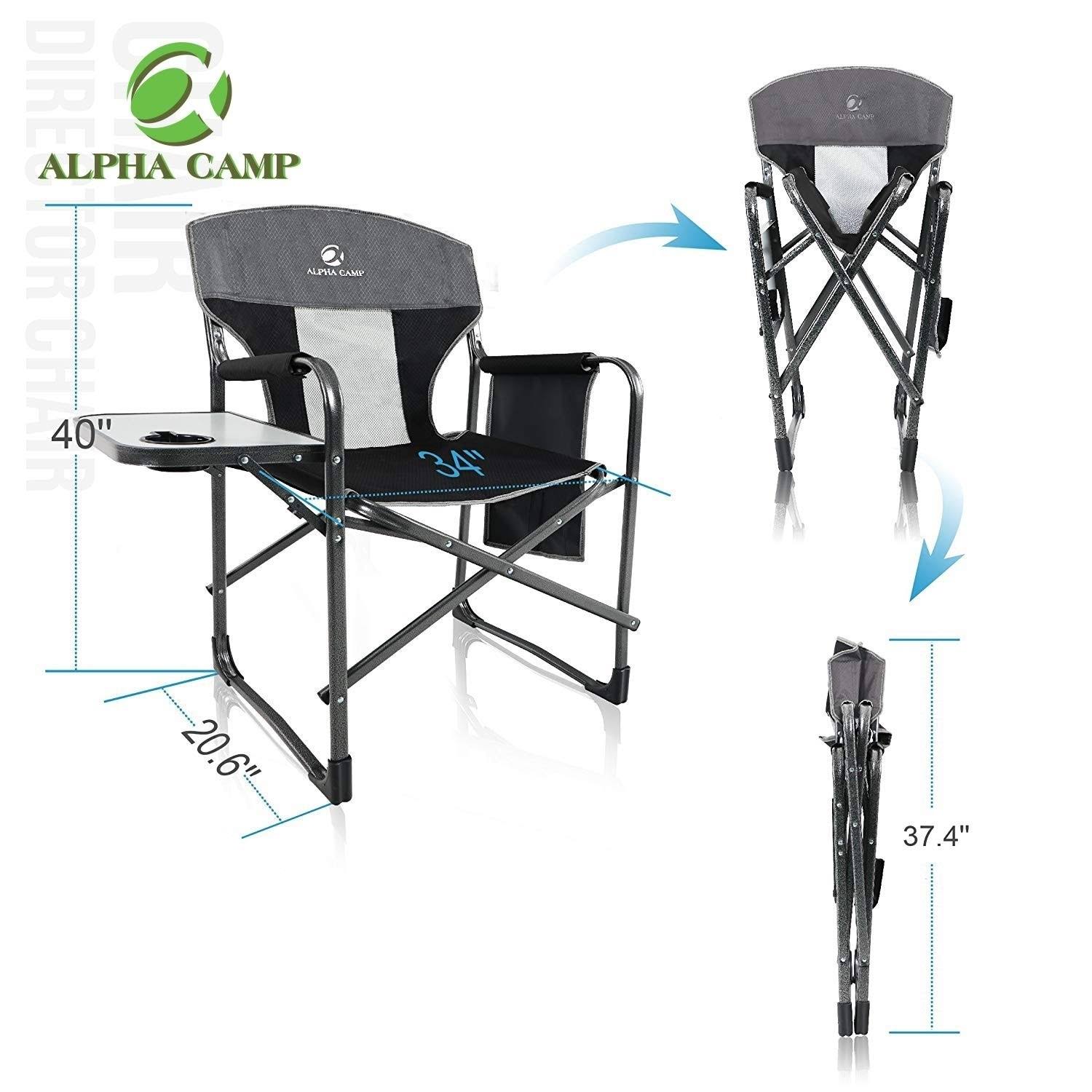 Alpha Camp Oversized Camping Director Chair Heavy Duty Frame Collapsible Recliner with Side Table, Supports 300 lbs