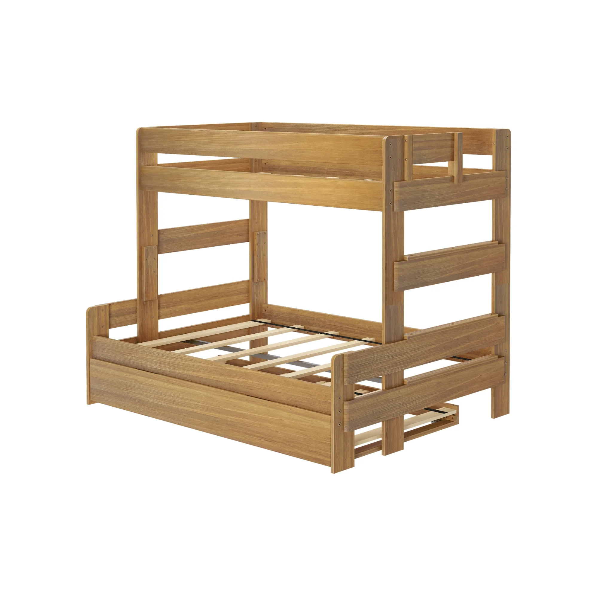 Max & Lily Twin Over Full Bunk Bed with Trundle, Modern Farmhouse Wooden Bunk Beds For Kids, Pecan