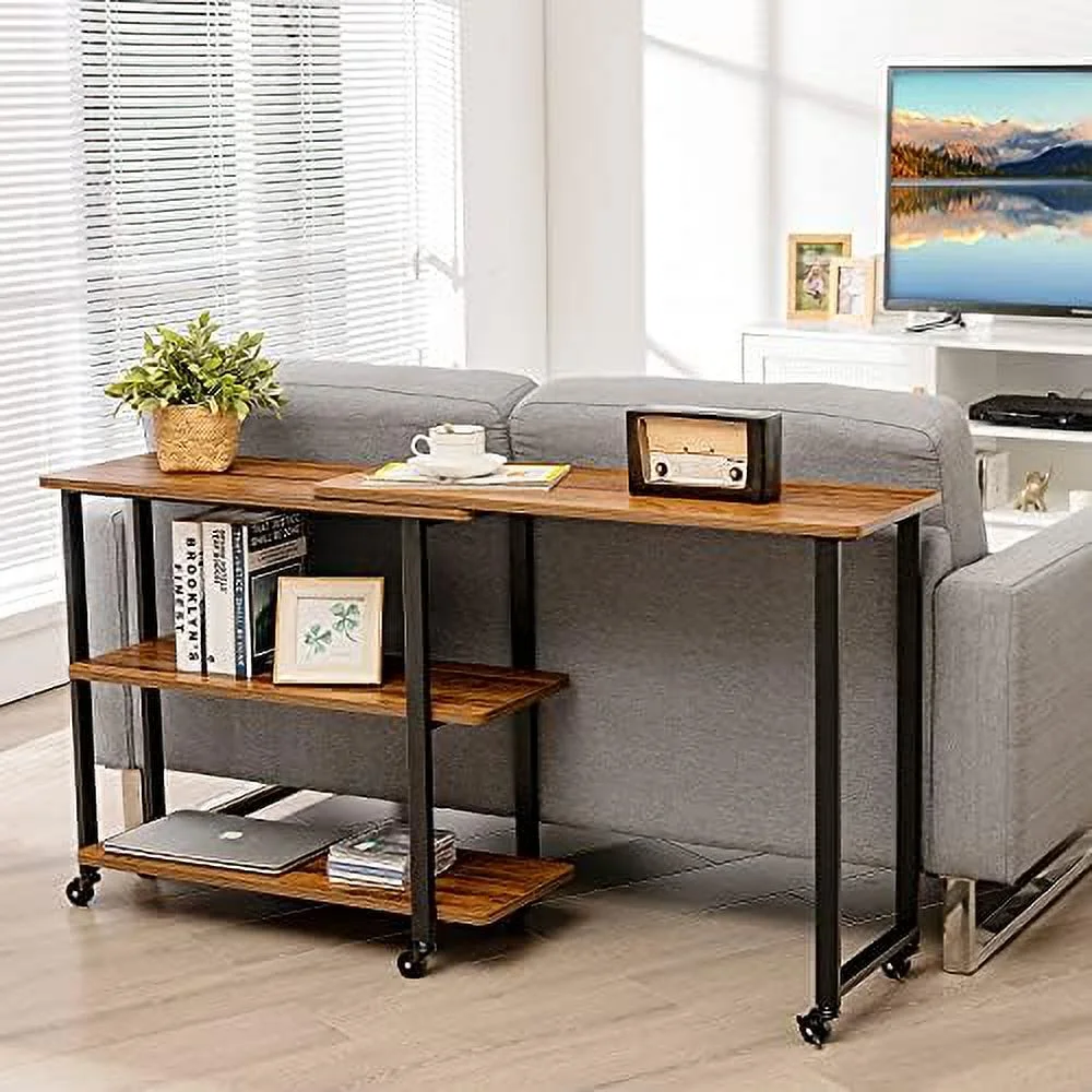 KHBIULIFE ° Rotating Sofa   Patented L-Shaped Corner Desk with 2-Tier    Mobile End Table Movable Laptop Table with Casters  for Home Office (Walnut)