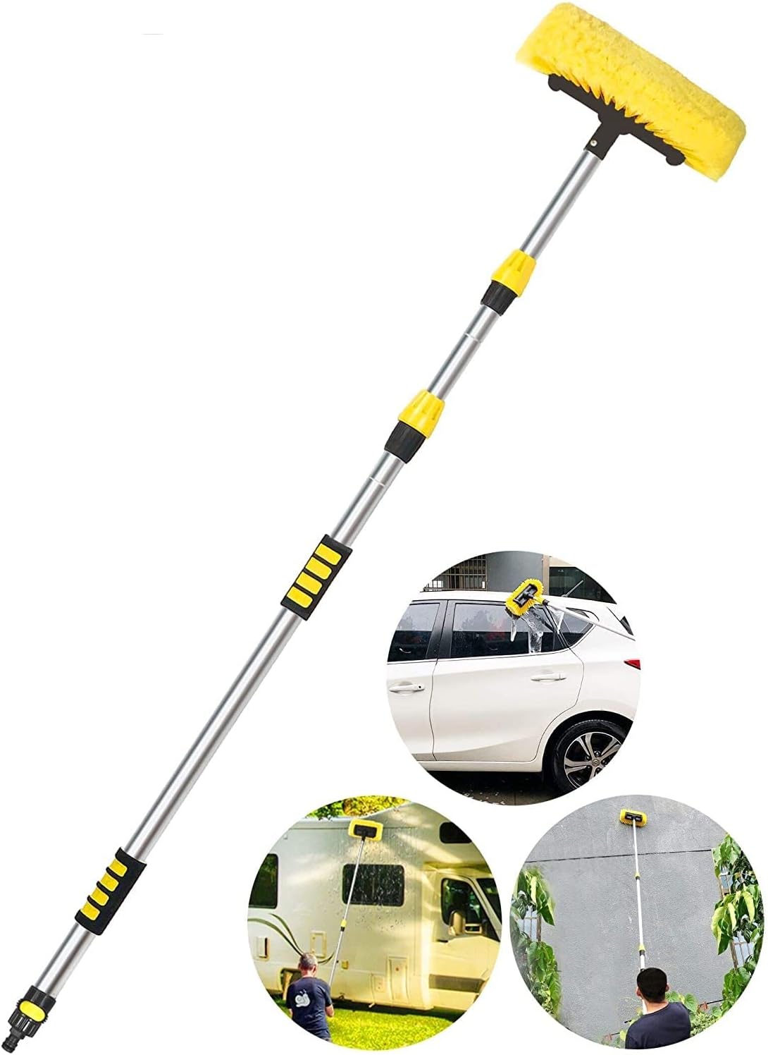 Buyplus 5-12 Foot (20 Foot Reach) Car Wash Brush with 12-Inch Soft Bristle, On/Off Switch Telescopic Flow Through Car Truck Boat Washing Brush with Hose Attachment for Cleaning House Siding Pack of 2