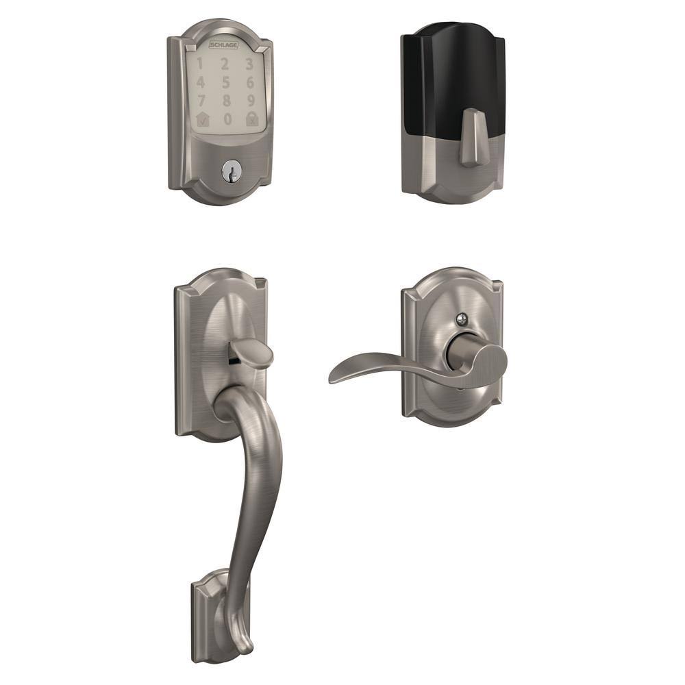 Schlage Camelot Encode Smart WiFi Door Lock with Alarm and Accent Lever Handleset in Satin Nickel