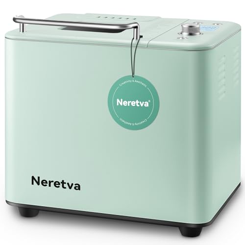 Neretva Bread Maker Machine, 20-in-1 2LB Automatic Breadmaker with Gluten Free Pizza Sourdough Setting, Digital, Programmable, 1 Hour Keep Warm, 2 Loaf Sizes, 3 Crust Colors - Receipe Booked Included