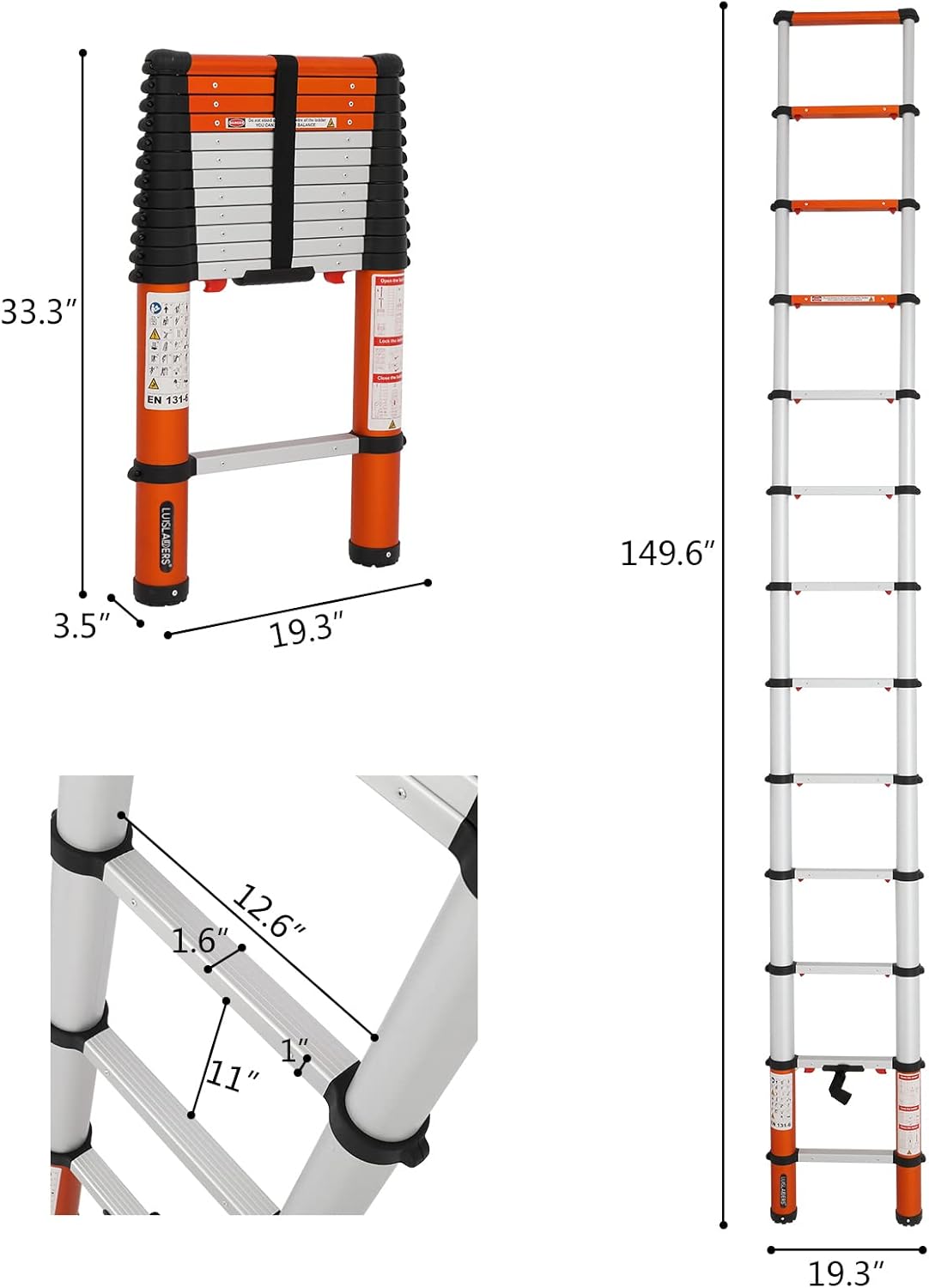 LUISLADDERS Telescoping Ladder Multi-Use Telescopic Extension Ladder One-Button Retraction Anti-Pinch and Anti-Slip 330 Lb Capacity (12.46 Feet)
