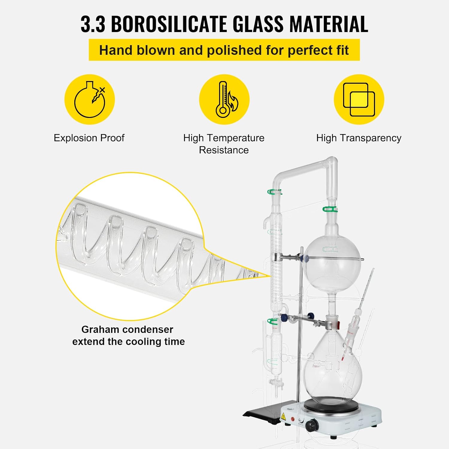 VEVOR 2L Essential Oil Distillation Apparatus Lab Glassware Distillation Kit Water Distiller Purifier with Hot Stove Condenser S35 & 24 or 40 Joint