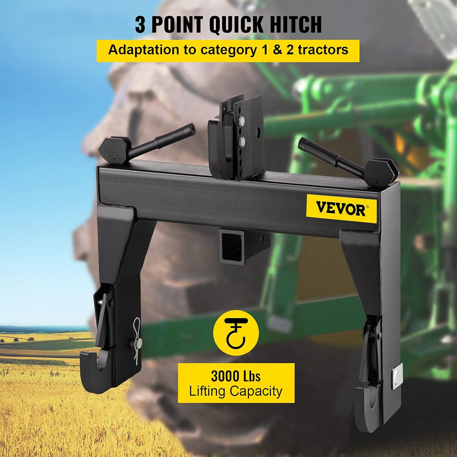 VEVOR 3-Point Quick Hitch, 3000 LBS Lifting Capacity Tractor Quick Hitch, 26.6" Between Lower Arms Attachments Quick Hitch, No welding & 5 level Adjustable bolt, Adaptation to Category 1 & 2 Tractors