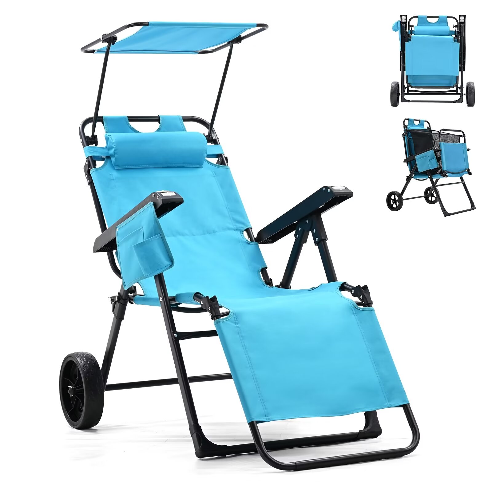 MOPHOTO Canopy Beach Chair Support 300bls, 2 in 1 Beach Cart Chair with Large Wheels, Outdoor Sunbathing Folding Beach Tanning Chair Sun Chair with Shade, Perfect for Beach, Backyard, Pool