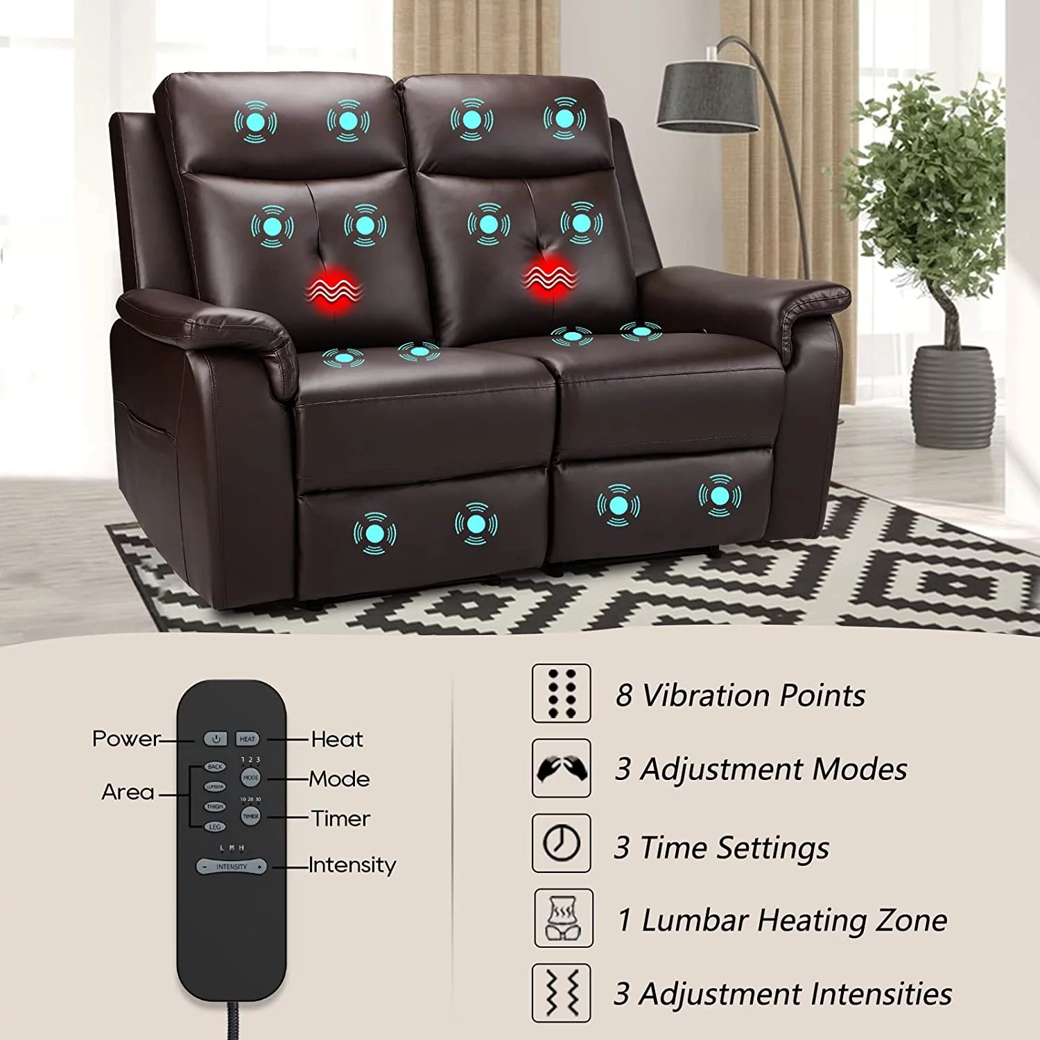 PU Leather Reclining Sofa - Manual Double Recliner Loveseat with Massage & Heating - 2-Seater Home Theater Seating for Living Room, Reading Room, Bedroom (Brown)