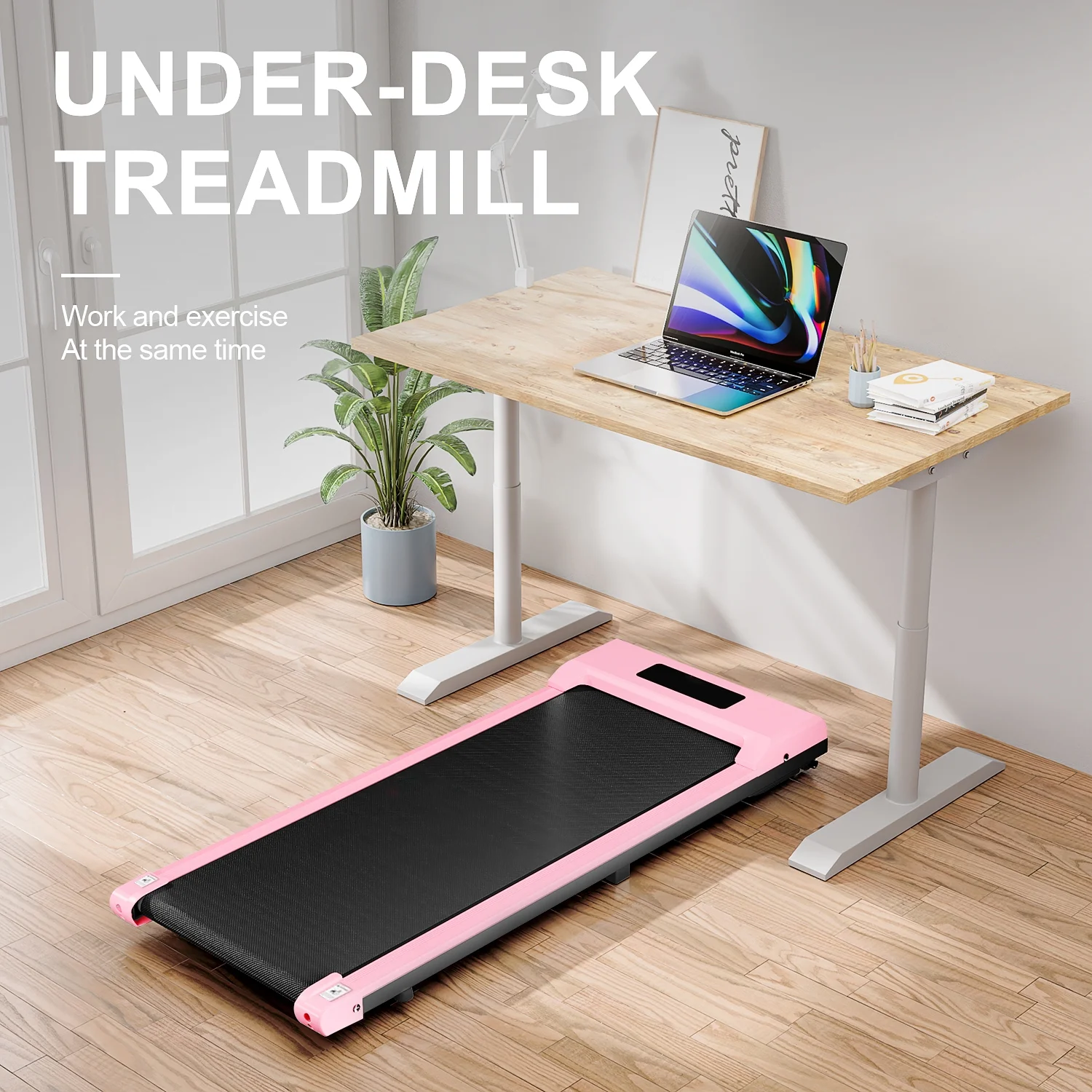Bigzzia Walking Pad Under Desk Treadmill, Portable Treadmills Motorized Running Machine for Home,6.25MPH,No Assembly Required,Remote Control,265 Lb Capacity (Pink)