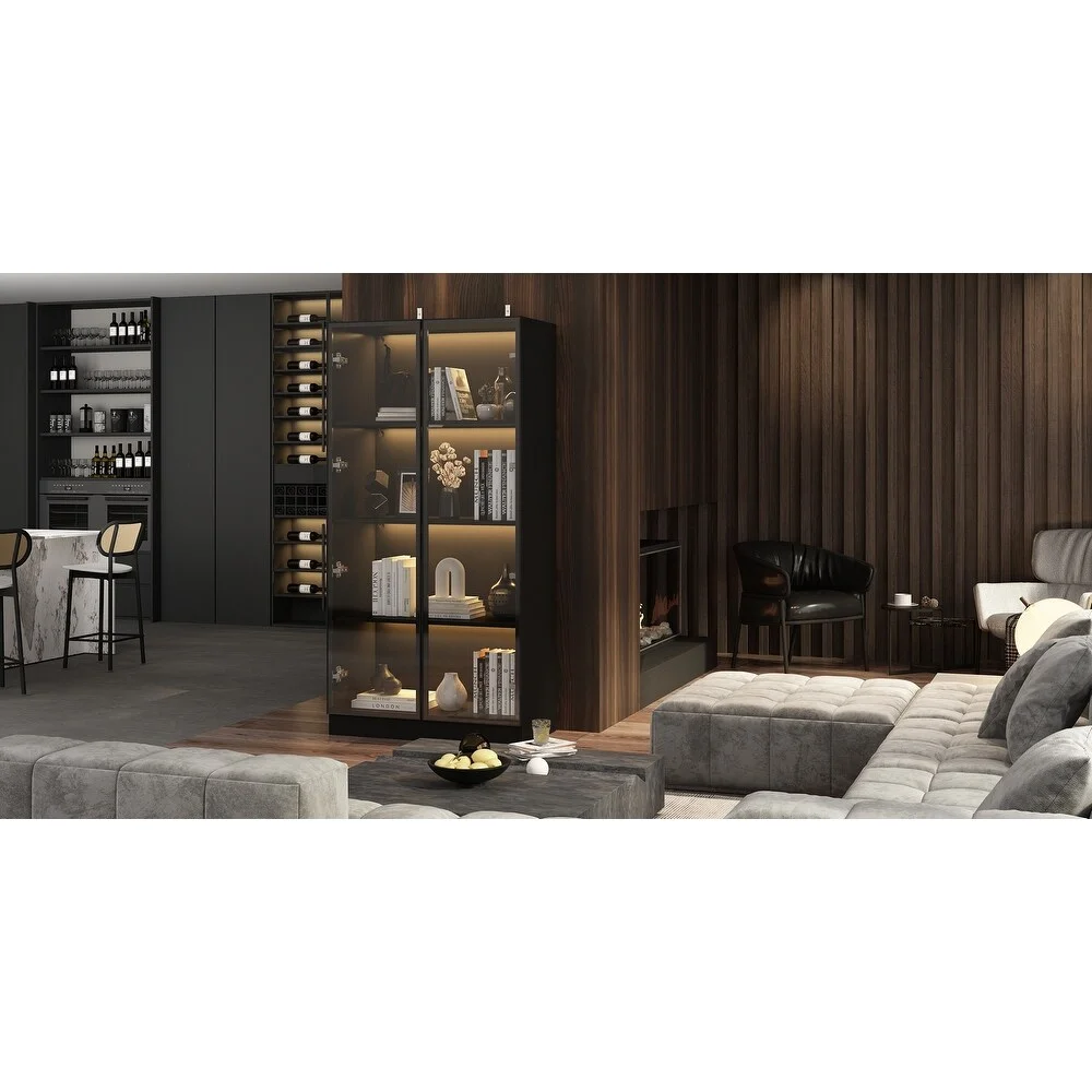 Storage Cabinet Glass l Wood Display Cabinet with 4 Shelves and Light 31.5"W - Black