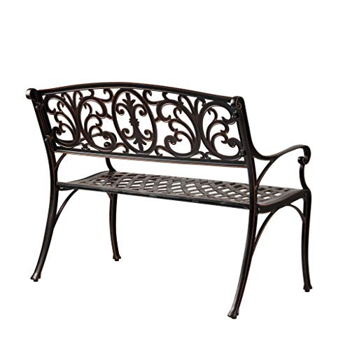 63284 Decatur Cast Aluminum Patio Bench Heavy Duty Rust Free Metal Construction Front Porch Backyard Lawn Garden Pool Deck Outdoors Fleur-De-Lis Design - Antique Bronze Finish