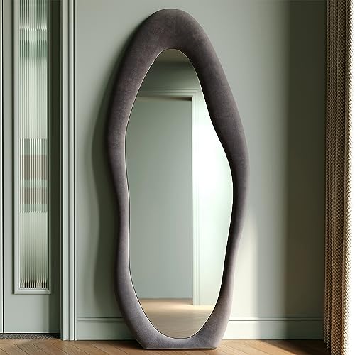 Honyee Full Length Mirror, 63" x 24" Wall Mirror, Flannel Wrapped Wooden Frame Floor Mirror, Irregular Wavy Mirror Hanging or Leaning Against Wall for Cloakroom/Bedroom/Living Room, Milk Tea