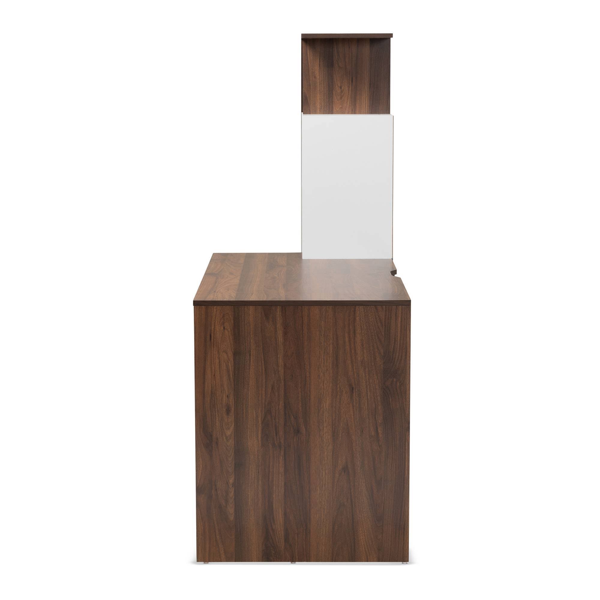Baxton Studio Rowan Modern and Contemporary Two-Tone Finished Wood Storage Computer Desk with Shelves White u0026 Walnut Brown