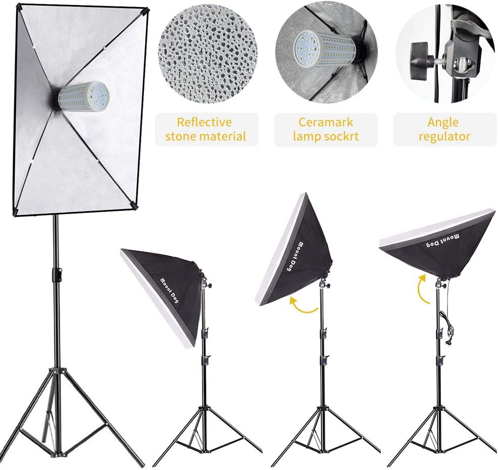 MOUNTDOG LED Softbox Photography Lighting Kit with 20"X28" Reflector Professional Photo Studio Equipment and 80W 6500K New Corn Light Bulbs for Portraits Fashion and Video Shooting Pack of 2