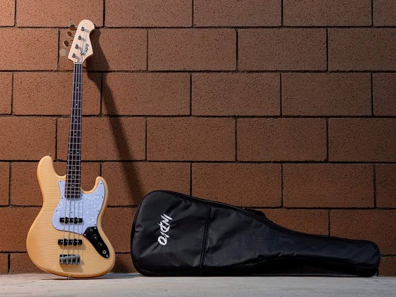 Monoprice Electric Bass - Natural with Gig Bag, Flamed Maple - Indio Jamm