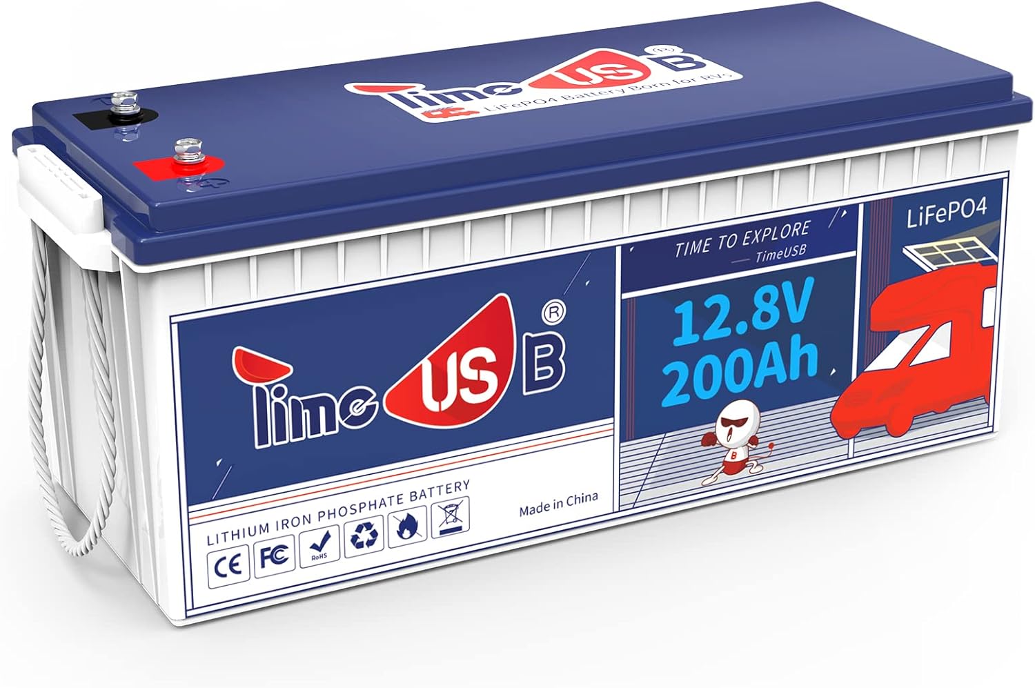Timeusb 12V 200Ah Lithium Iron Phosphate Battery, Built-in 100A BMS, Deep Cycle LiFePO4 Battery in 2.56kWh Energy, Perfect for Your RVs, Camper Van, Hauler, Travel Trailer, Caravan