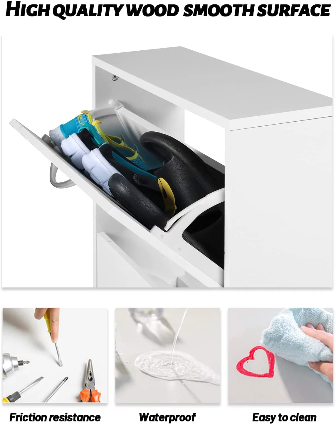 LAZZO Shoe Cabinet for Entryway, White Narrow Shoe Storage Cabinet Flip Down Shoe Rack Wood 3 Tier Shoe Organizer for Home and Apartment