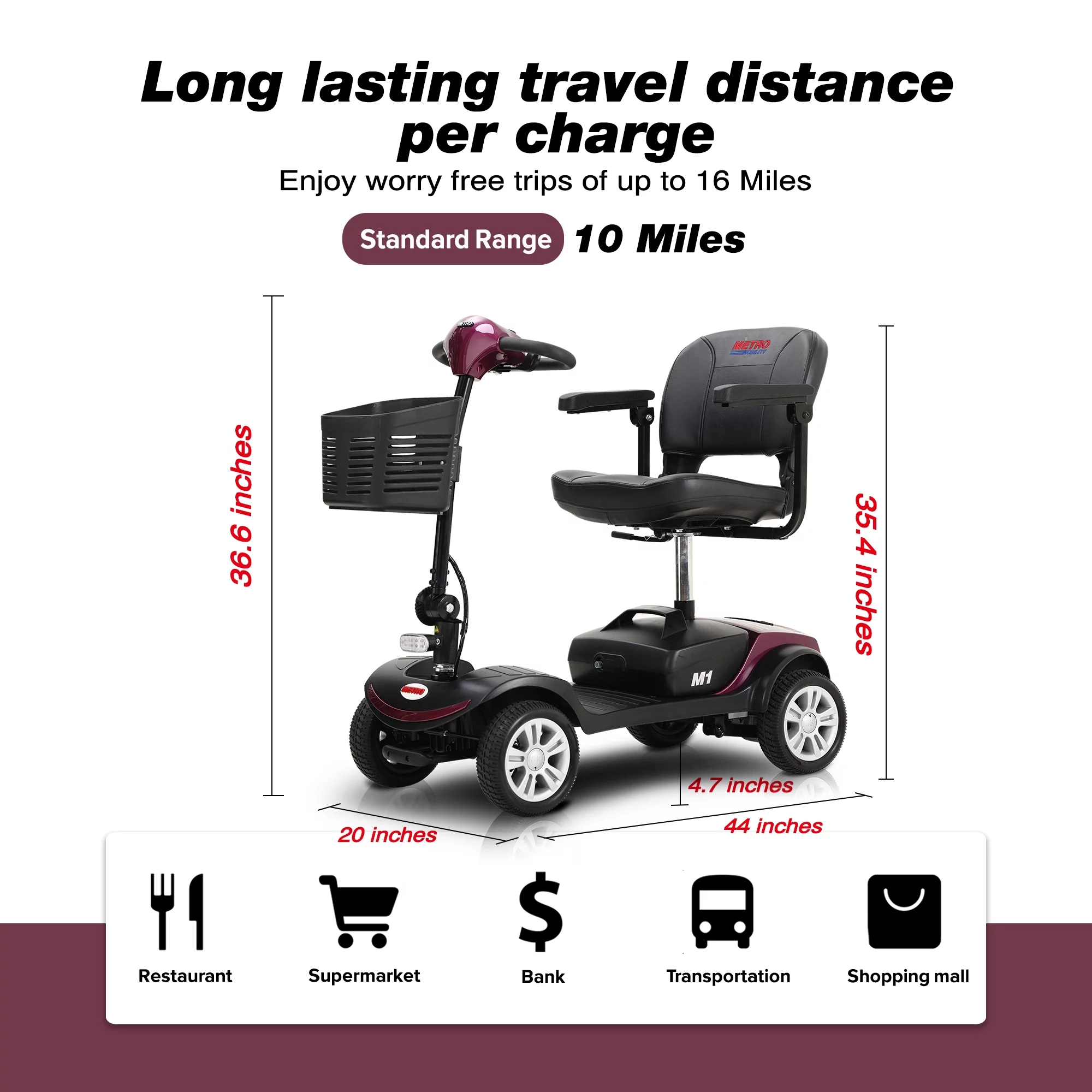 Travel Mobility Scooter, Heavy Duty Electric Scooters with 4 Anti-Tip Wheels, Compact Lightweight Mobility Scooters for Senior Adults Elderly, Foldable Mobility Scooter, Holds 300lbs, Purple