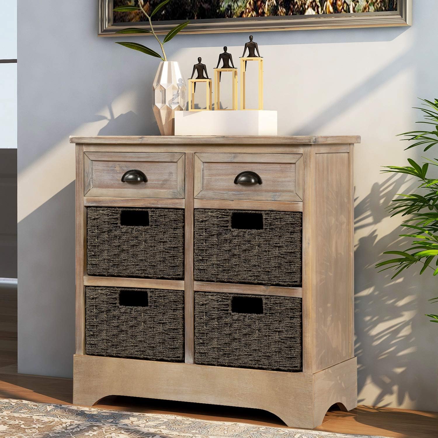 LUMISOL Home Collection Wicker Storage Cabinet Console table with Two Drawers and Four Wicker Baskets for Kitchen/Living Room/Dining Room, Accent Furniture (Espresso)