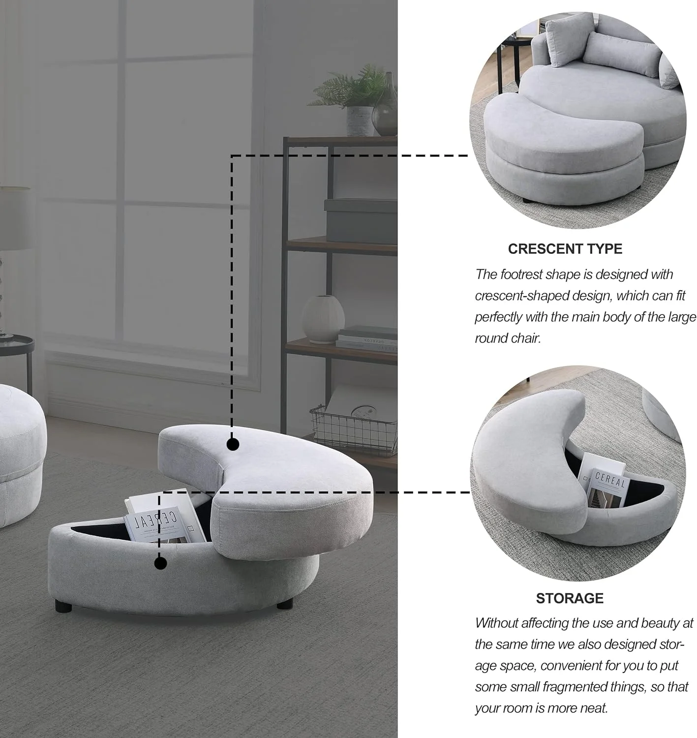 Gxcevsou 51''W Oversized Swivel Chair with Moon Storage Ottoman, Modern Accent Round Loveseat Circle Barrel Chairs Bedroom Cuddle Sofa Lounger Armchair, 4 Pillows, Linen Fabric, Light Gray