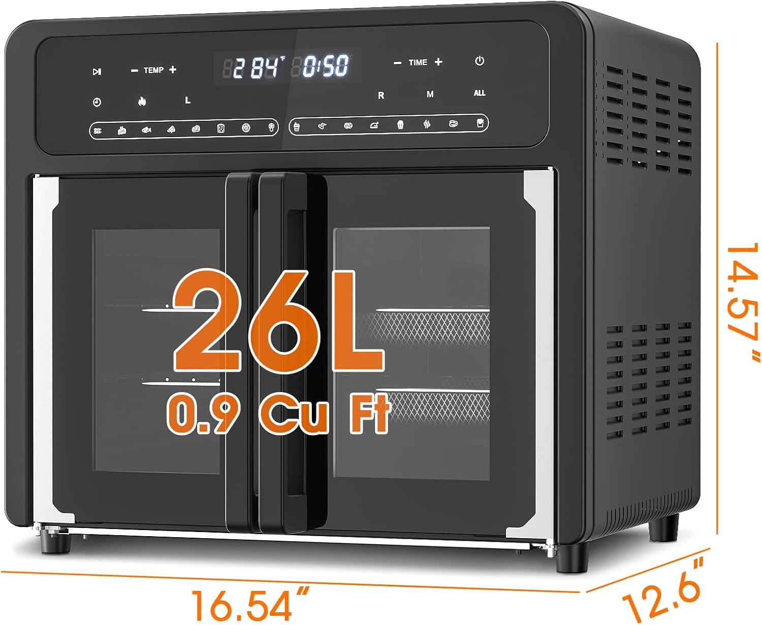 Toaster Oven Countertop, 360 Convection Oven with French Door, Digital Fryer Ovens, 16-In-1 Cooking Preset, Dual-Zone, 26L Large Size, Black