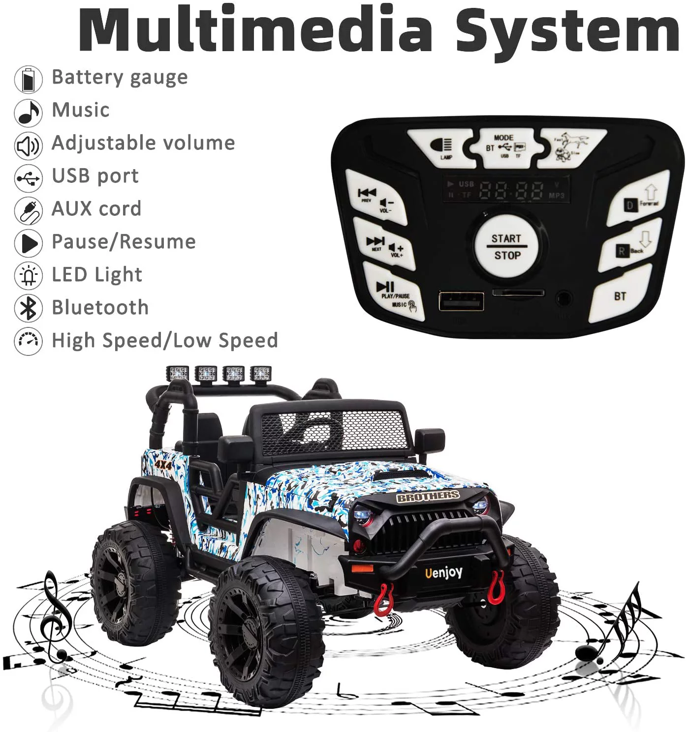 Uenjoy 12V Kids Ride on Toys Electric Battry-Powered Ride-On Truck Car RC Toy w/ Remote Control 2 Speed Camouflage Blue - Curated Treasures Market