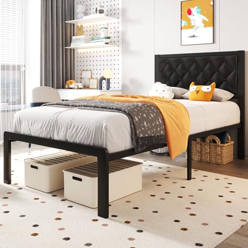 Queen Bed Frame with Headboard PU Leather Upholstered Bed Frame Platform,All Metal Slats Support Platform Bed Frame with Storage Space,Easy Assembly,Noise Free,No Box Spring Needed,Black