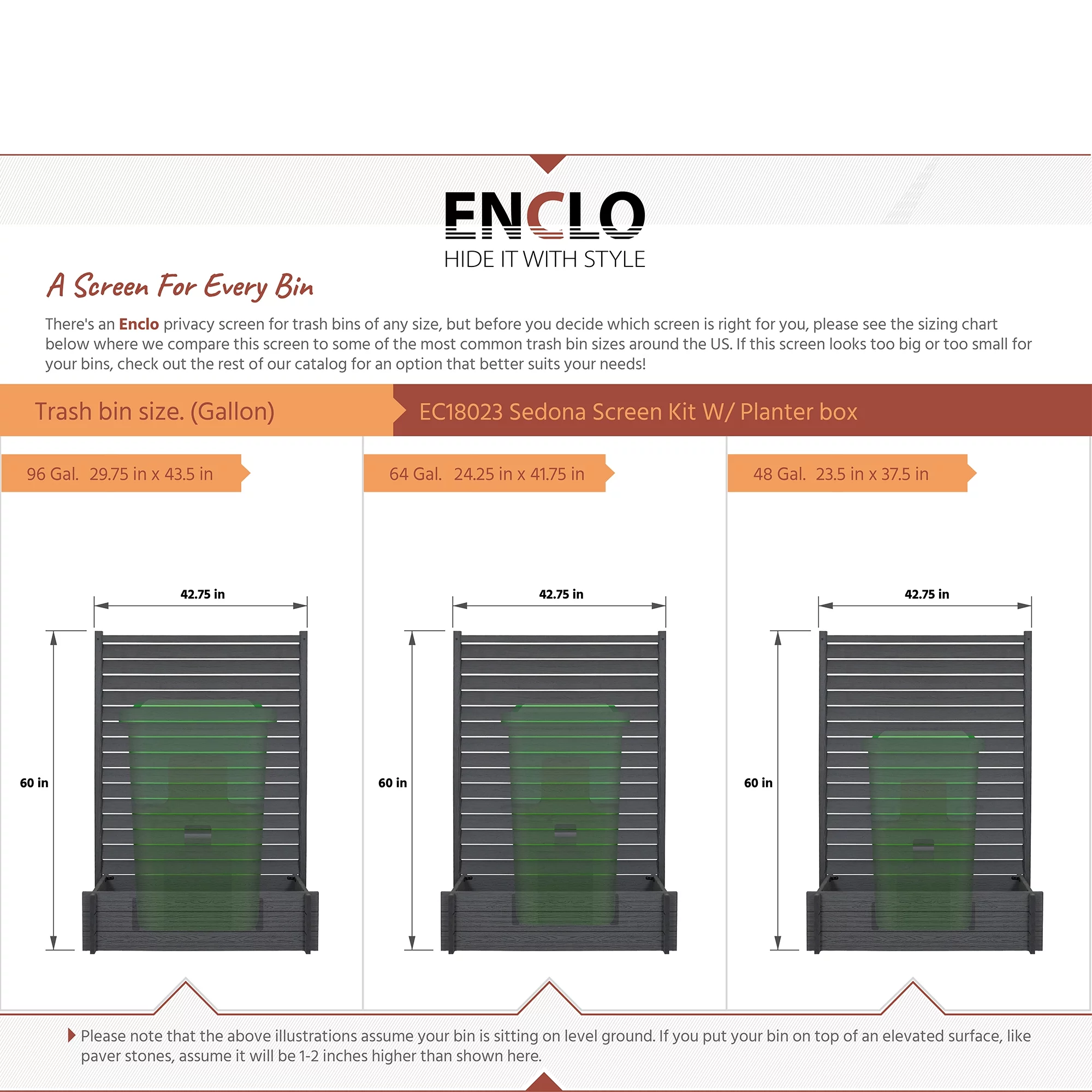 Enclo Privacy Screens EC18023 5ft H x 3.5ft W x 1.3 ft L Sedona WoodTek Vinyl Charcoal Color Louvered Freestanding Screen w/ Planter Box