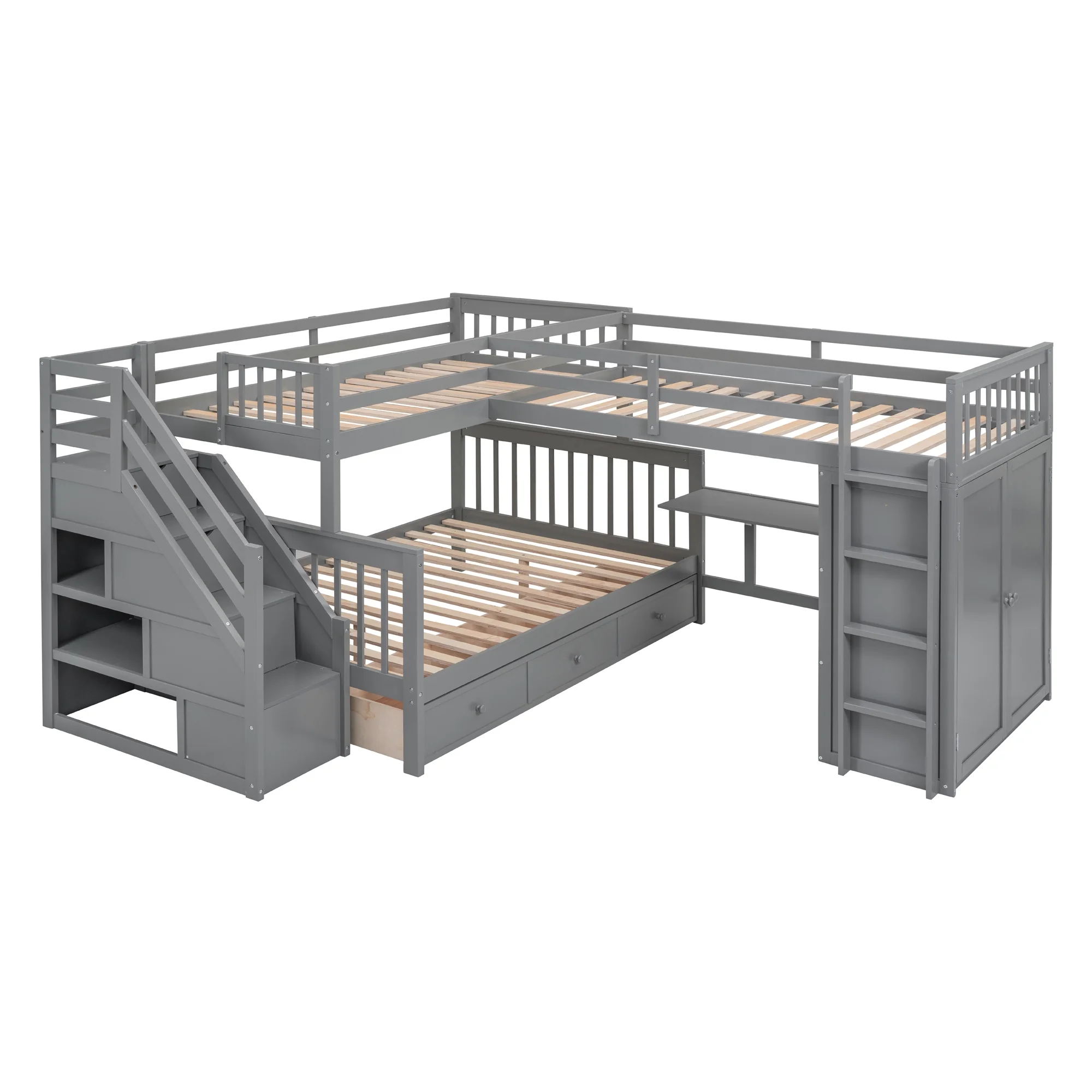 Churanty Twin-Twin Over Full L-Shaped Bunk Bed with Wardrobe Space,Solid Wood Staircase Bunk Bed with Portable Desk,Gray
