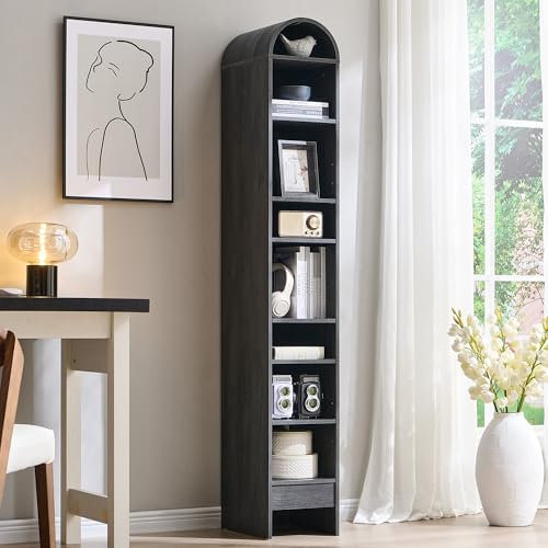 71" Tall Arched Bookshelf, 7 Tiers Arch Bookcase with Storage, Modern Farmhouse Book Shelf with Adjustable Shelves, Wood Bookshelf w/Open Display Shelves for Living Room, Office (Natural)