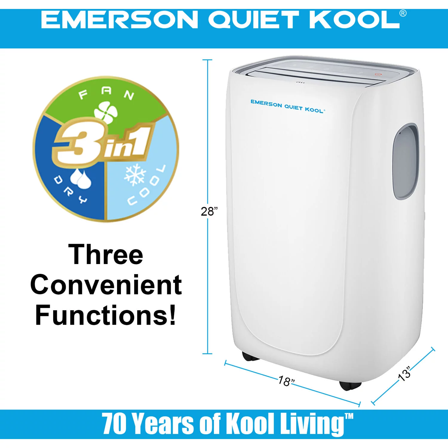 Emerson Quiet Kool 3 in 1 Portable Air Conditioner, Dehumidifier & Fan with Remote Control | for Rooms up to 350 Sq.Ft. | Digital Display | 24H-Timer | White | EAPC6RC1
